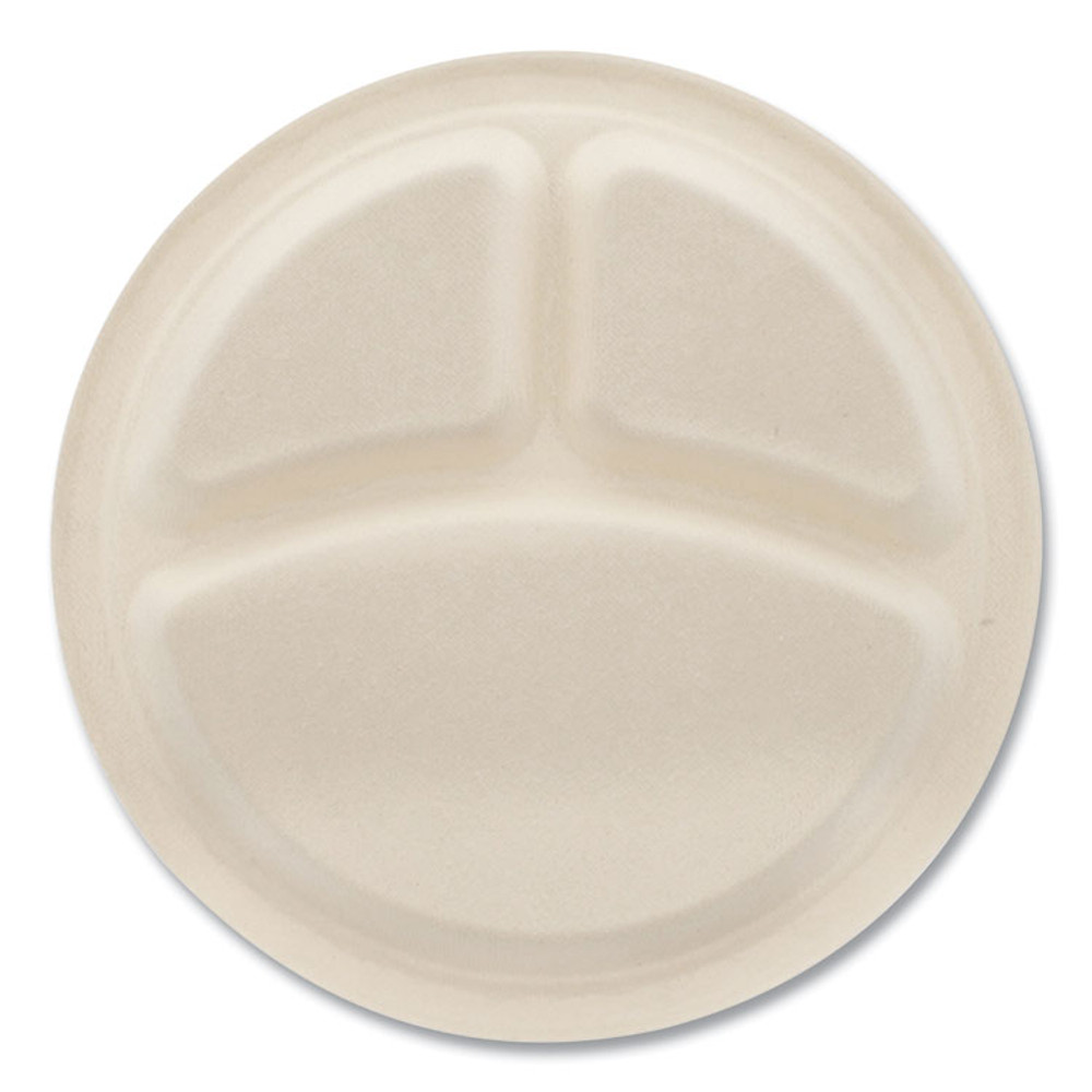 BOARDWALK PLT3C10NPFA Bagasse PFAS-Free Dinnerware, 3-Compartment Plate, Sugarcane, 10" dia, Tan, 500/Carton