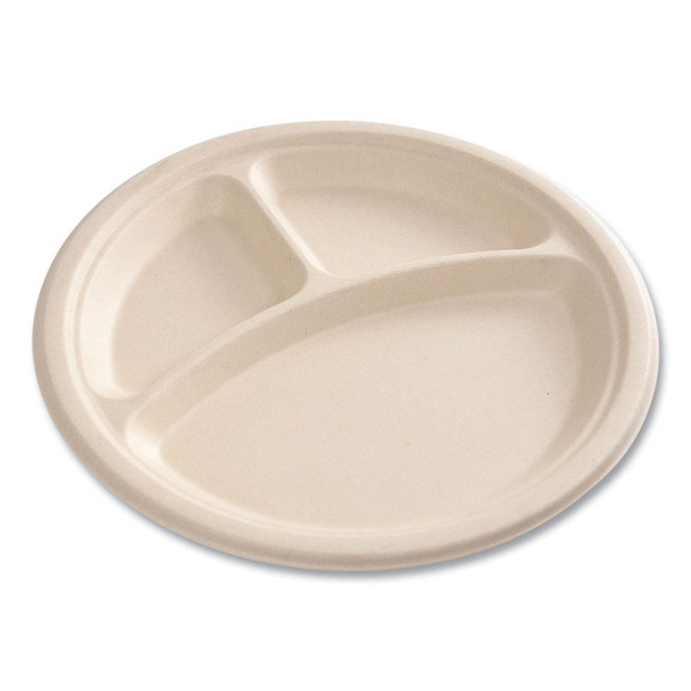 BOARDWALK PLT3C10NPFA Bagasse PFAS-Free Dinnerware, 3-Compartment Plate, Sugarcane, 10" dia, Tan, 500/Carton