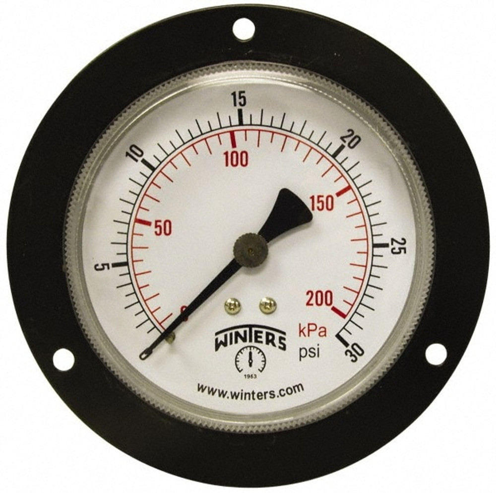 Winters P1S562 Pressure Gauge: 3-1/2" Dial, 1/4" Thread, Front Flange Panel & Center Back Mount