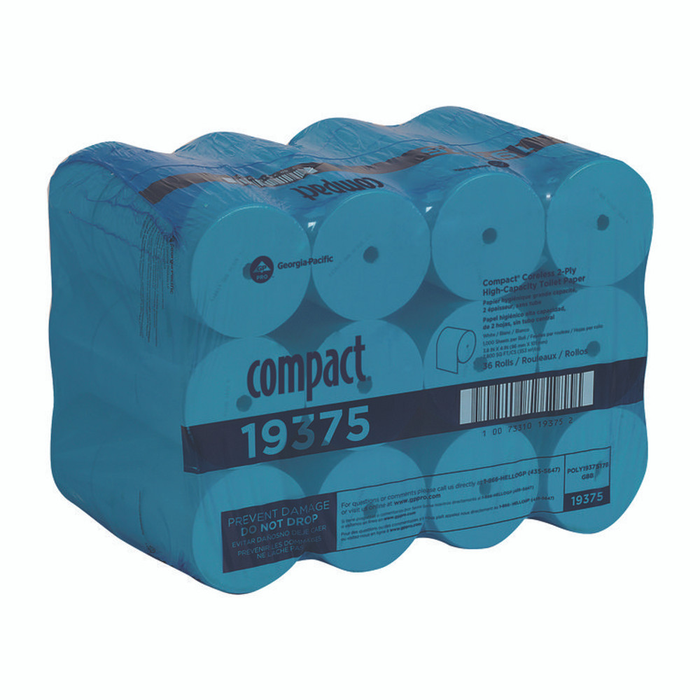 GEORGIA PACIFIC Professional 19375 Compact Coreless Bath Tissue, Septic Safe, 2-Ply, White, 1,000 Sheets/Roll, 36 Rolls/Carton