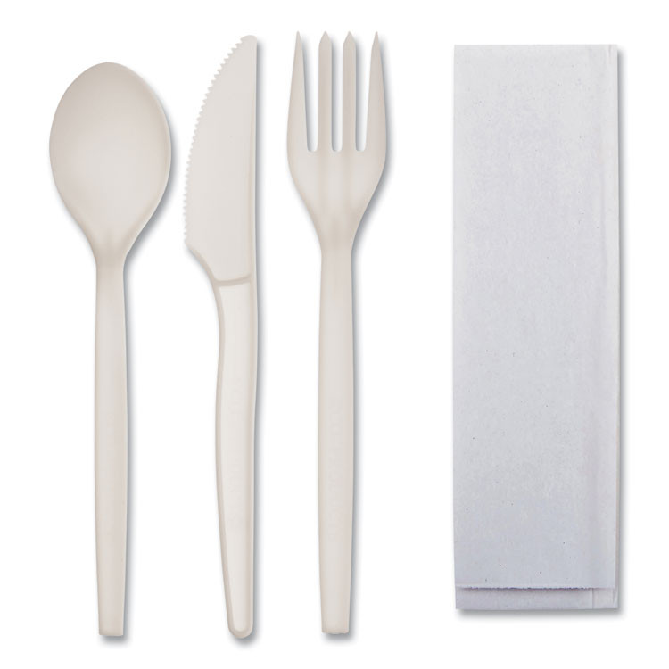 WNA, INC. EPS005 EcoSense Renewable PSM Wrapped Cutlery Kit, Fork/Knife/Napkin/Spoon, Plastic, White, 250/Carton