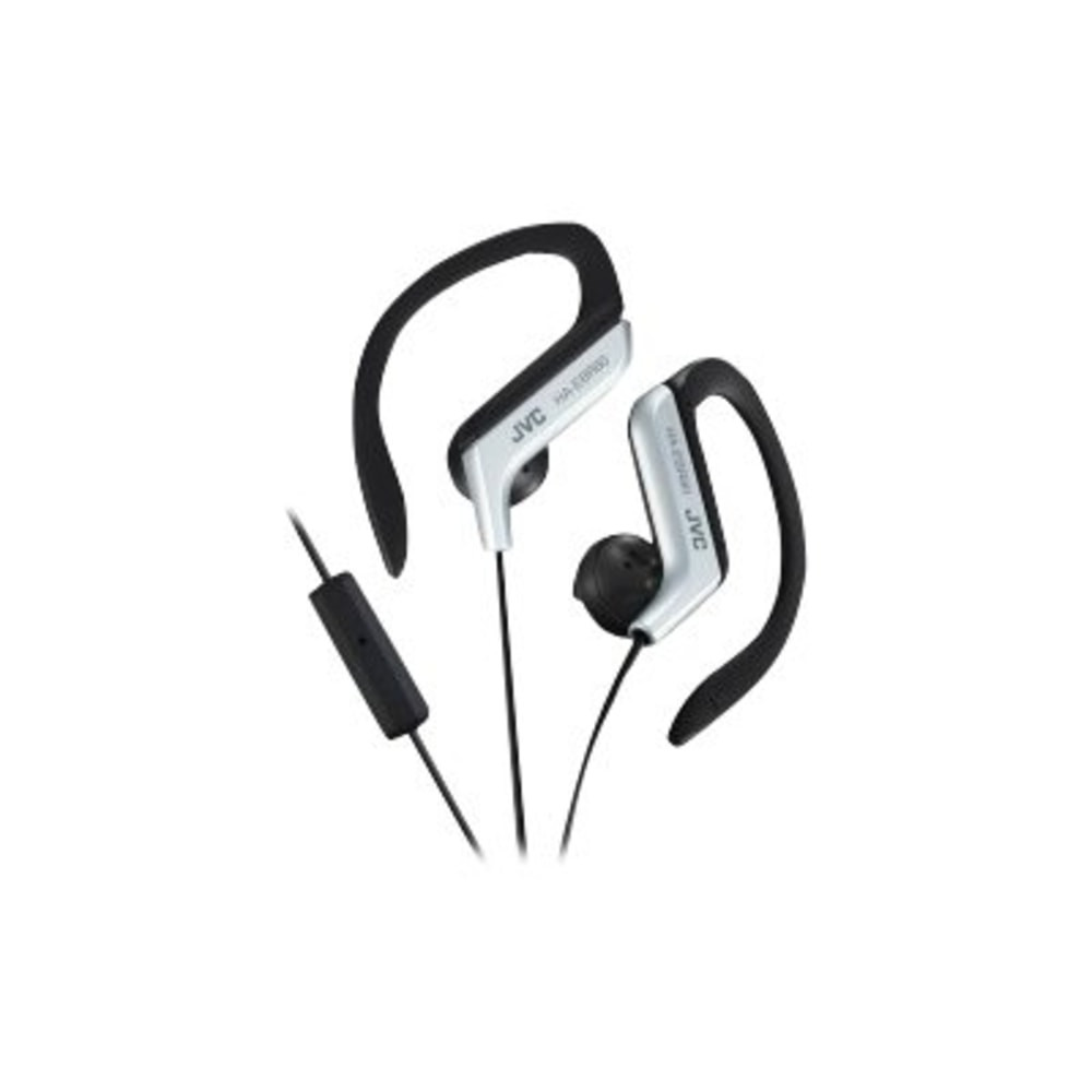 Bring your favorite music on the go thanks to these JVC In-Ear Sports Headphones With Microphone And Remote. Powerful neodymium driver units and bass-boosting earpieces offer high-quality, accurate sound reproduction.  Adjustable in-ear headphones boast ear clips to hold earbuds securely in place. Choose from 5 selectable positions for a secure and comfortable fit.  Powerful 13.5mm neodymium driver units and bass-boosting earpieces for accurate sound reproduction.  A 1-button remote control makes it simple to operate play, stop and skip functions.  Built-in microphone allows for hands-free calls.  Compatible with Apple and Blackberry devices.  Wired headphones boast a friction noise reduction cord measuring 3.94ft.  Includes a slim, gold-plated iPhone-compatible plug.