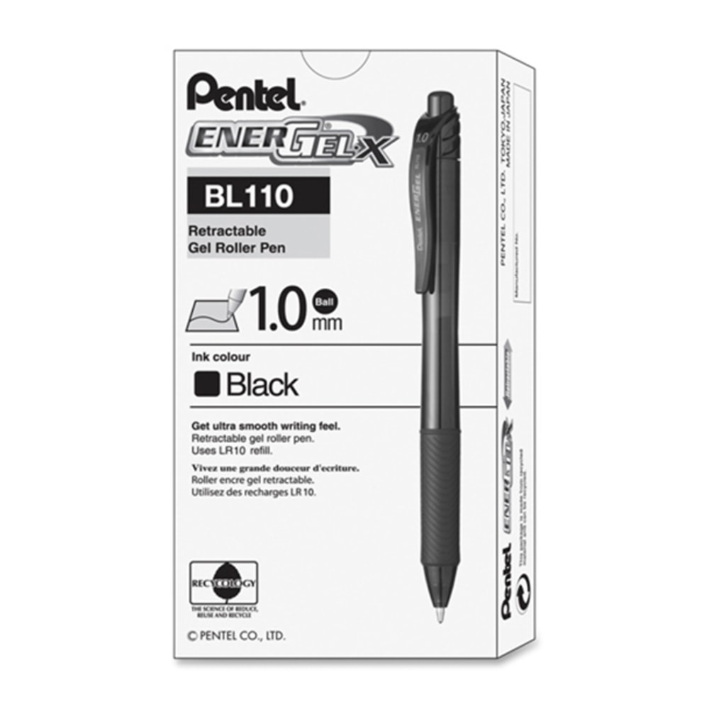 PENTEL OF AMERICA, LTD. BL110-A Pentel EnerGel-X Retractable Gel Pens, Bold Point, 1.0 mm, Black Barrel, Black Ink, Pack Of 12 Pens