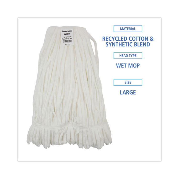 BOARDWALK 8003 Mop Head, Looped, Enviro Clean With Tailband, Cotton/Synthetic, Large, White, 12/Carton