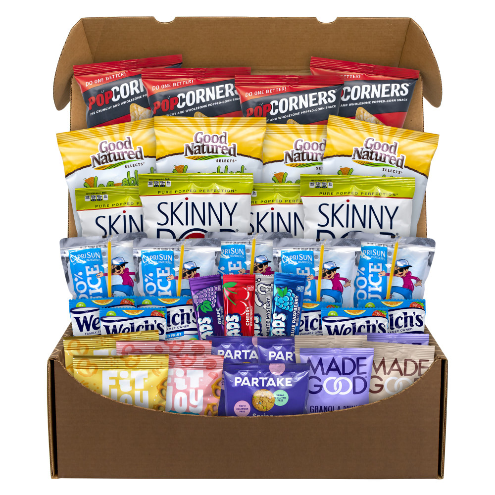 Load up on healthy and safe snacks with the Snack Box Pros Back-To-School Allergen-Free Snack Box. This assortment of snacks includes favorites like Airheads, Popcorners and Madegood granola bars, and each snack is free of common allergens.  A full assortment of handpicked snacks in an easy to display snack box  This box includes Popcorners, Herrs chips, Skinny Pop, Capri Sun, Airheads,Partake cookies, Madegood granola bars, Welchs fruit snacks and Fit Joy pretzels  38 assorted snacks that are free of allergens.  Products may vary by flavor per brand and substitutions may be made due to availability