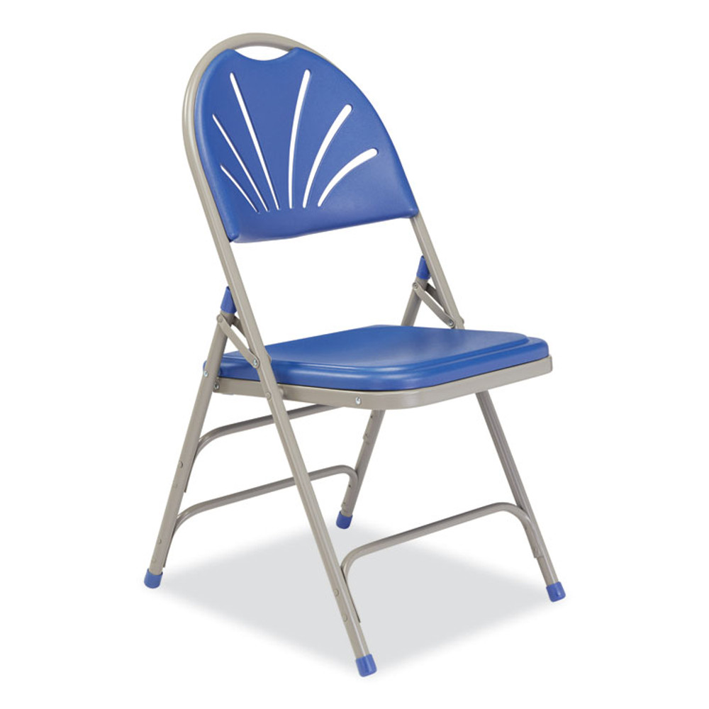 NATIONAL PUBLIC SEATING NPS® 1105 1100 Series Deluxe Fan-Back Tri-Brace Folding Chair, Supports Up to 500 lb, Blue Seat, Blue Back, Gray Base, 4/Carton