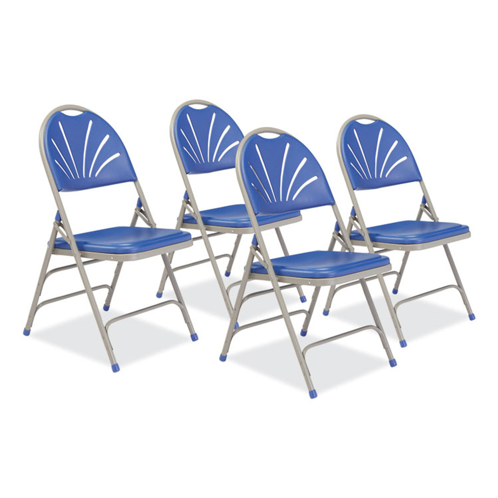 NATIONAL PUBLIC SEATING NPS® 1105 1100 Series Deluxe Fan-Back Tri-Brace Folding Chair, Supports Up to 500 lb, Blue Seat, Blue Back, Gray Base, 4/Carton