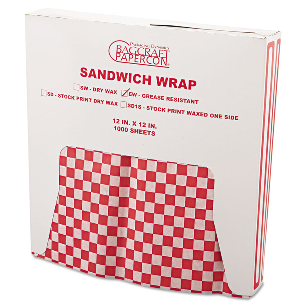 BAGCRAFT 057700 Grease-Resistant Paper Wraps and Liners, 12 x 12, Red Check, 1,000/Box, 5 Boxes/Carton