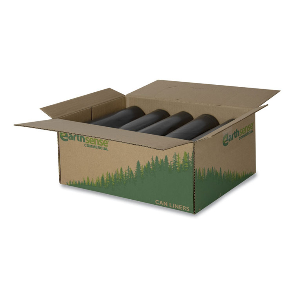 WEBSTER INDUSTRIES Earthsense® Commercial RNW6050 Linear Low Density Recycled Can Liners, 60 gal, 1.25 mil, 38" x 58", Black, 10 Bags/Roll, 10 Rolls/Carton