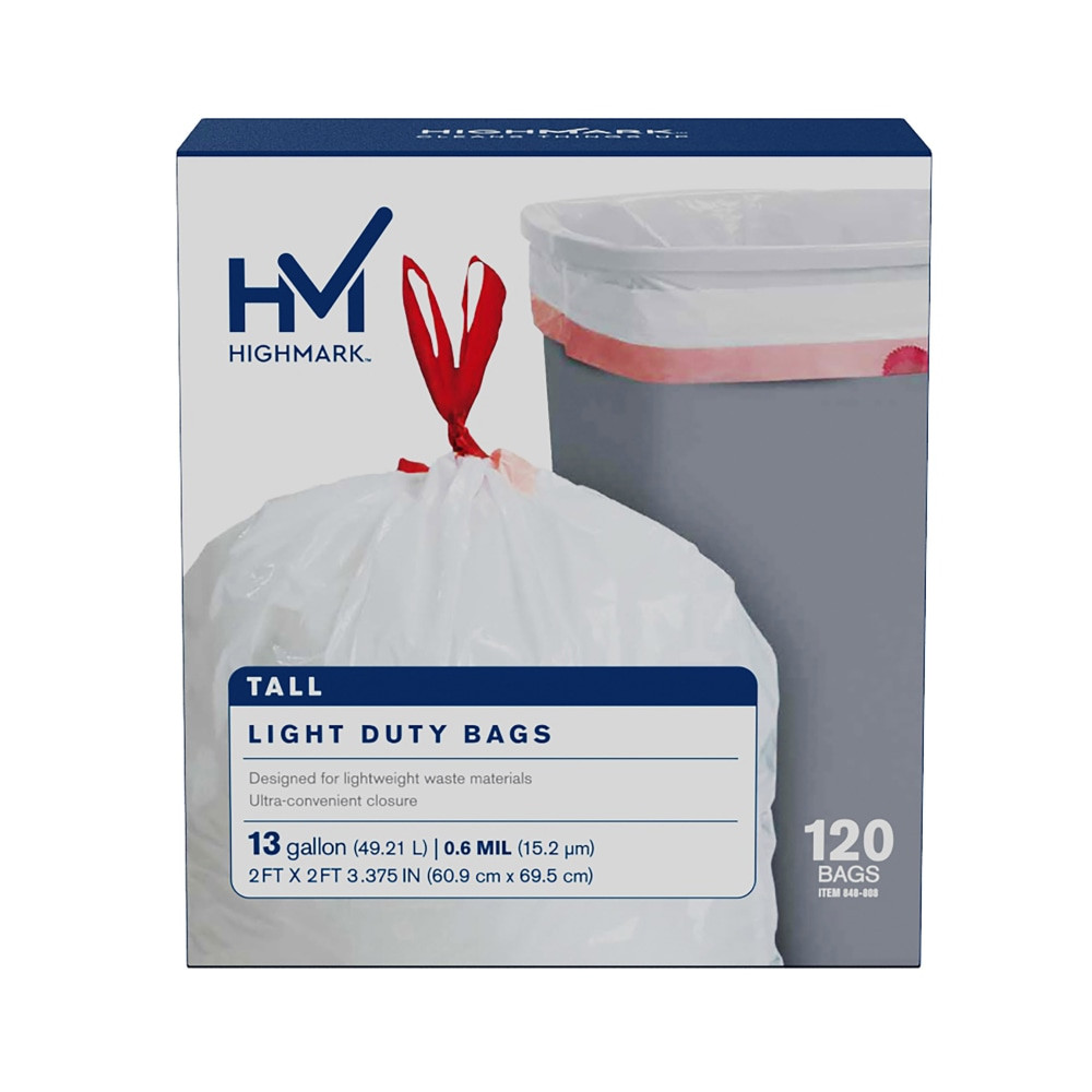 OFFICE DEPOT DP08488 Highmark Tall 0.6 mil Drawstring Kitchen Trash Bags, 13 Gallon, 24in x 28in, White, Box Of 120