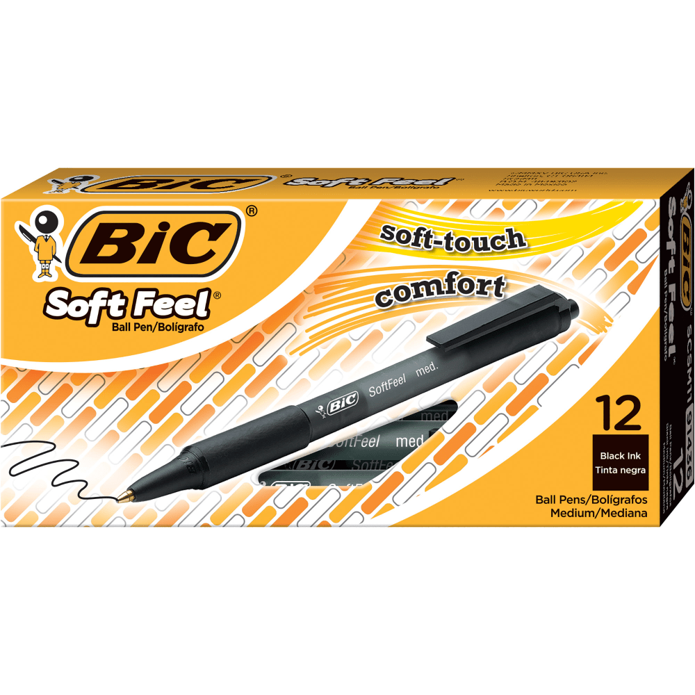 Experience soft-touch comfort when writing with BIC Soft Feel Retractable Ballpoint Pens. These 1.0mm medium point ballpoint pens are great for everyday writing at work, school or home and have smooth ink that writes fluidly and effortlessly. With a comfortable grip, they"re the ideal ball point pens for writing lists, taking notes, journaling and more. The round barrel features a no-slip grip that offers a comfortable hold, making it ideal for prolonged writing sessions. Plus, the plastic clip easily attaches to pockets, notebooks and more for quick access on the go. Designed for convenience, these retractable medium point pens let you start writing with just one click. Looking for reliable pens for school or office supplies? Choose BIC Soft Feel Retractable Ballpoint Pens for a high-quality, affordable product you can trust.  Get strong, sure strokes with the 1.0 mm, medium-point tip every time you write.  BIC Soft Feel pens have a Tungsten carbide ball for added durability.  Design of BIC retractable pens helps preserve ink, prevent stains and eliminate the hassle of lost pen caps.  BIC pens nonslip finger grips provide comfortable handling.  Retractable black-barrel/black-ink pens are excellent for school, home or business use.  Includes BIC Soft Feel retractable ballpoint pens (1.0 mm/medium point) in a pack of 12.