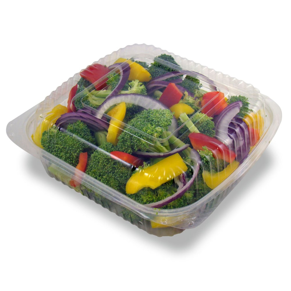 These hinged deli containers are great for fruits, nuts, snacks, and other cold foods.; Not suitable for use with hot foods.  Made from PLA, a plant-based alternative to petroleum-based plastics.  Freezer safe.  Clear design allows for easy product identification and highlights contents.  8x8 clear hinged PLA container.  For cold foods only.  Eco-conscious choice - has one or more meaningful eco-attributes or eco-labels.  BPI Certified Compostable - certified by the Biodegradable Products Institute (BPI) to be compostable in commercial compost facilities (where facilities exist).  Conforms to ASTM D6400 standards. For detailed information see www.astm.org.  Product Content Contains Compostable Material - made from materials that can quickly break down in commercial composting facilities (where facilities exist), to help reduce waste while creating usable organic matter.  Plant-based content - made using tree-free agricultural products or by-products, helping you support innovative use of plants while reducing use of forests or other resources.
