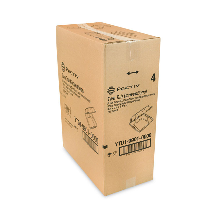 PACTIV EVERGREEN CORPORATION YTD199010000 Vented Foam Hinged Lid Container, Dual Tab Lock, 9.13 x 9 x 3.25, White, 150/Carton