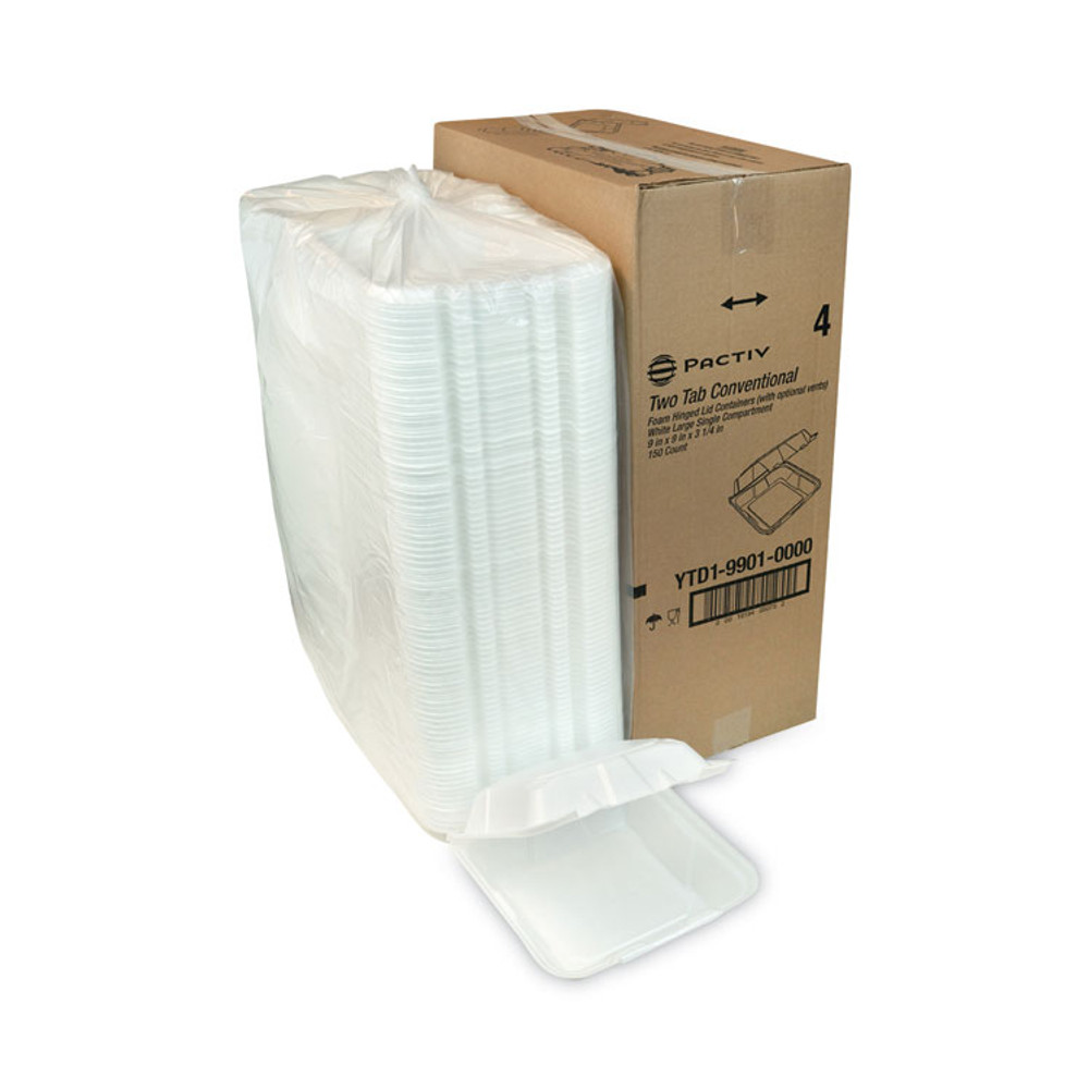 PACTIV EVERGREEN CORPORATION YTD199010000 Vented Foam Hinged Lid Container, Dual Tab Lock, 9.13 x 9 x 3.25, White, 150/Carton