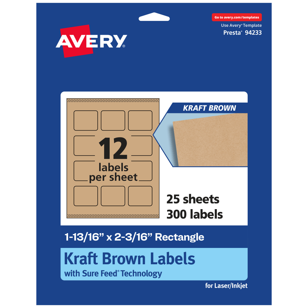 AVERY PRODUCTS CORPORATION 94233-KMP25 Avery Kraft Permanent Labels With Sure Feed, 94233-KMP25, Rectangle, 1-13/16in x 2-3/16in, Brown, Pack Of 300