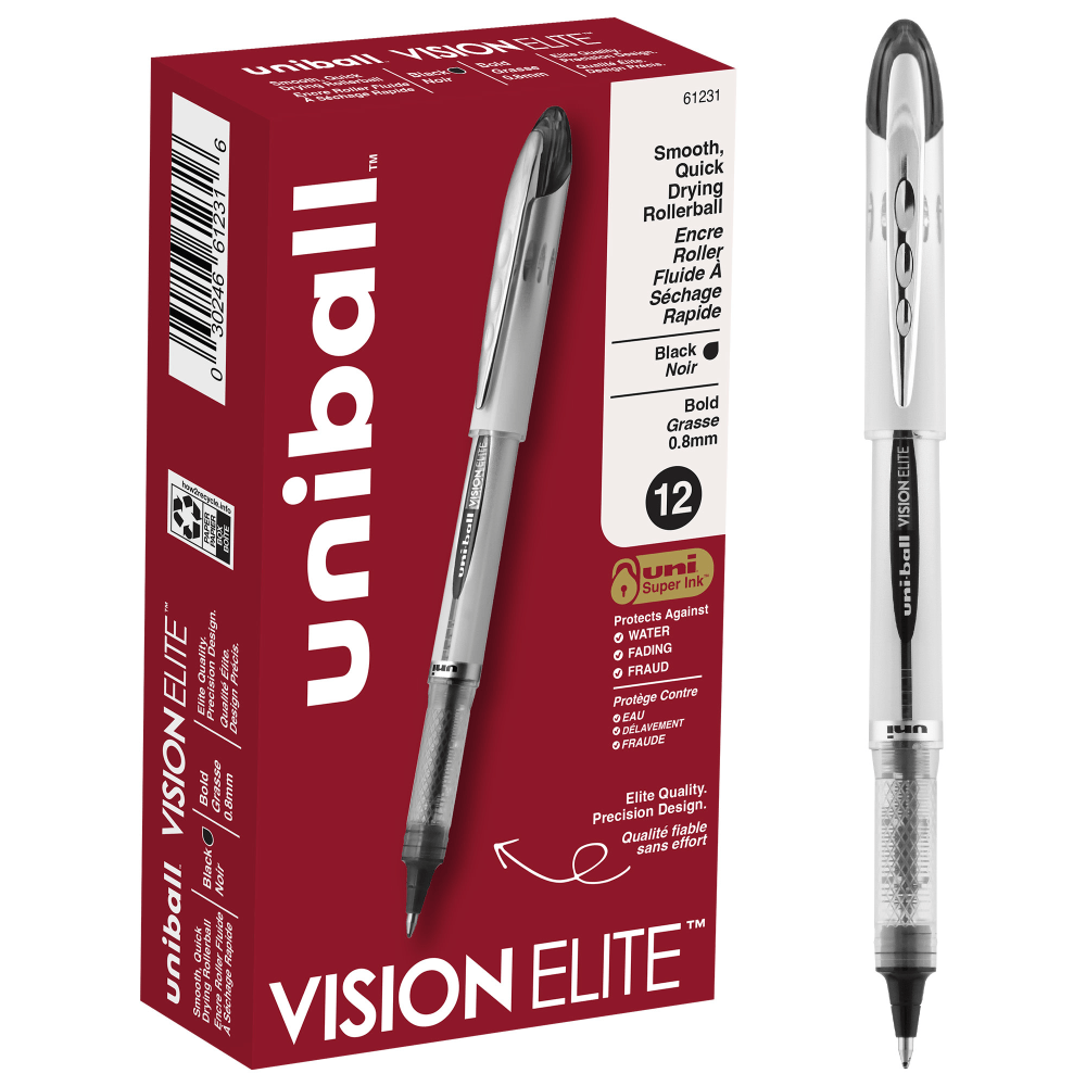 NEWELL BRANDS INC. 61231 uni-ball Vision Elite Liquid Ink Rollerball Pens, Bold Point, 0.8 mm, White Barrel, Black Ink, Pack Of 12