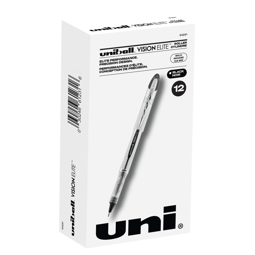 NEWELL BRANDS INC. Uni-Ball 61231  Vision Elite Liquid Ink Rollerball Pens, Bold Point, 0.8 mm, White Barrel, Black Ink, Pack Of 12