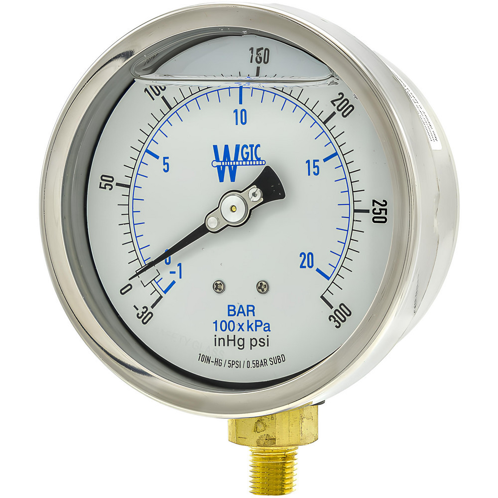 WGTC 401L4P8W-1 Pressure Gauges; Gauge Type: Filled ; Scale Type: Dual ; Accuracy (%): 1% full-scale ; Dial Type: Analog ; Thread Type: 1/4" MNPT; NPT ; Bourdon Tube Material: Brass