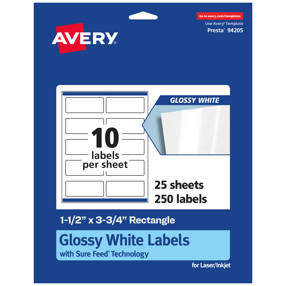 AVERY PRODUCTS CORPORATION 94205-WGP25 Avery Glossy Permanent Labels With Sure Feed, 94205-WGP25, Rectangle, 1-1/2in x 3-3/4in, White, Pack Of 250