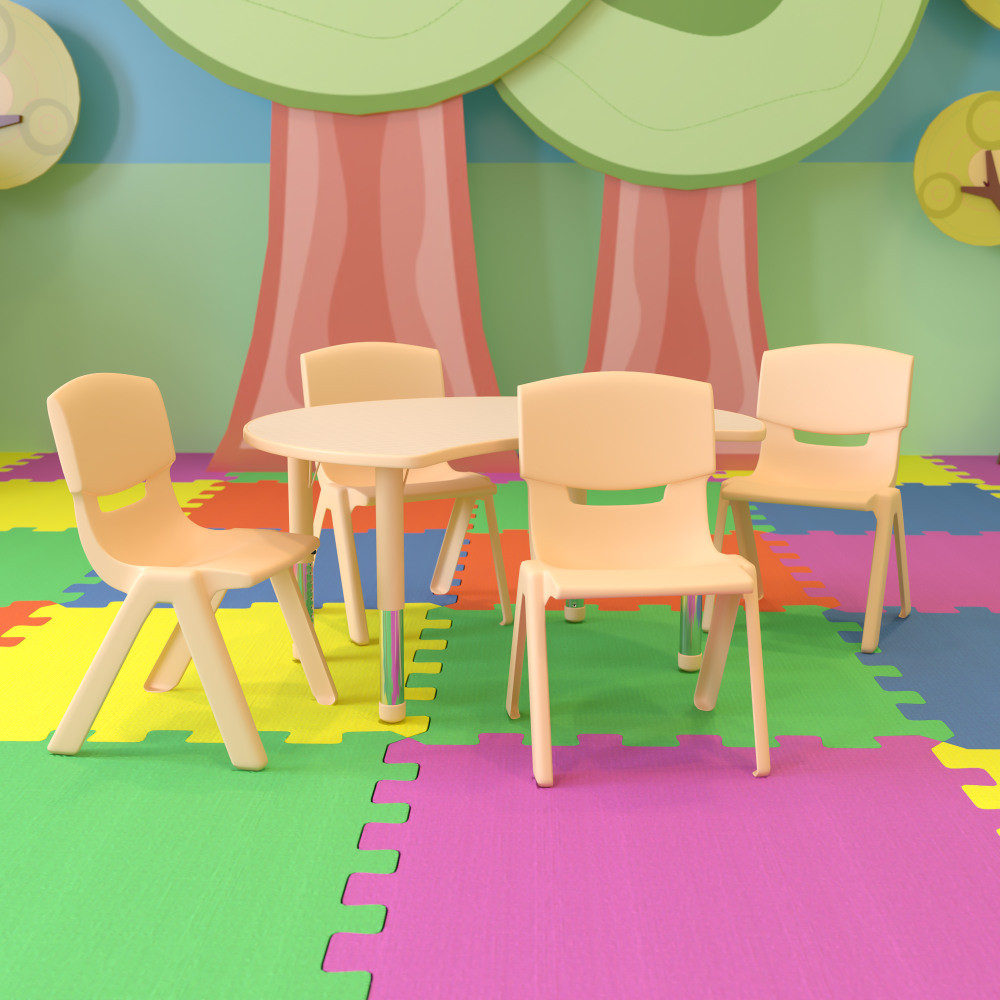 Set up a collaborative area in your classroom, church or daycare with a Flash Furniture Crescent Plastic Height-Adjustable Activity Table Set With 4 Chairs. Adjust the table in 1in increments to suit your students needs. Rounded edges help prevent accidents.  Table boasts a 1in smooth laminate top with safety rounded corners.  Steel legs adjust in 1in increments.  Contoured polypropylene shell chairs for comfort.  Recommended for preschool students.  Weight capacity tested to support 220 lb (table) and 154 lb (chairs).  Assembly required.