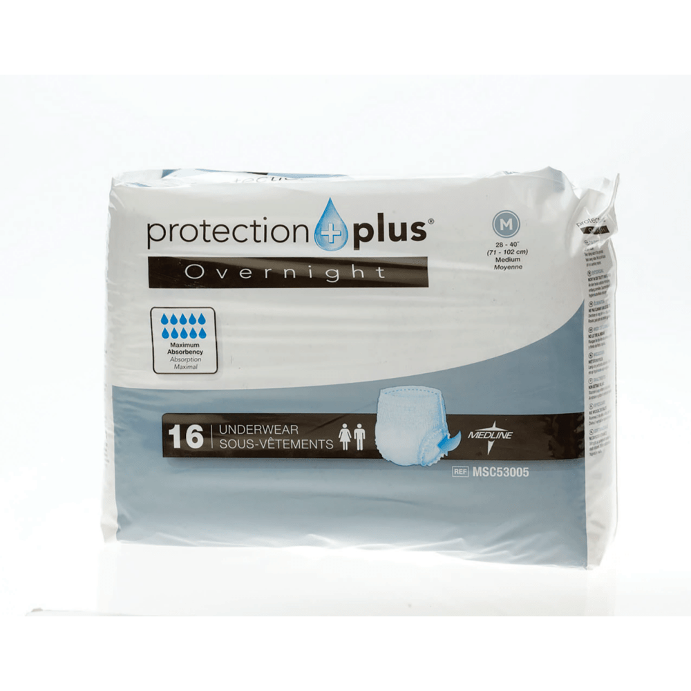 MEDLINE INDUSTRIES, INC. MSC53005 Protection Plus Overnight Protective Underwear, Medium, 28 - 40in, White, Bag Of 16, Case Of 4 Bags