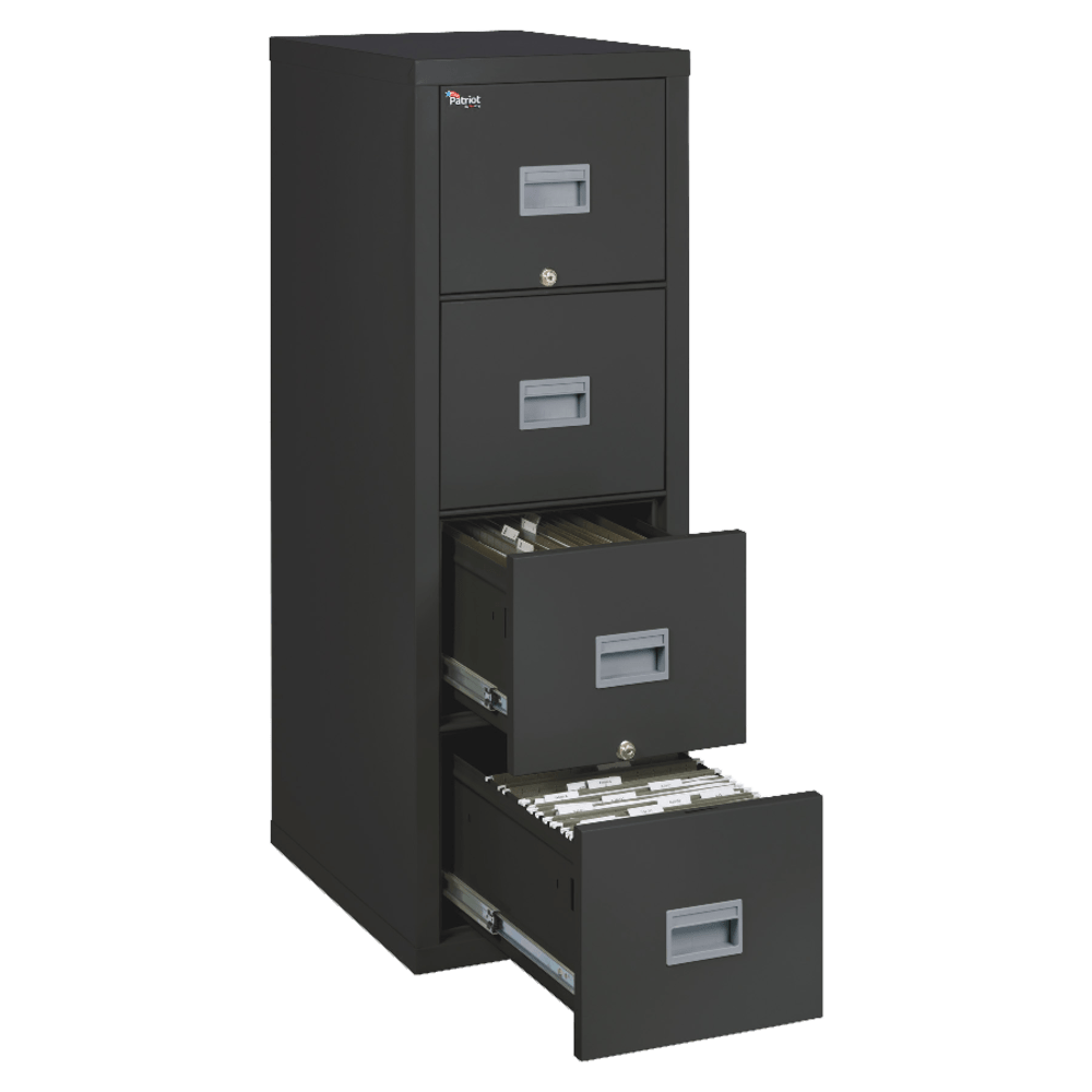 Guard your most important files against damage  Provides outstanding protection against fire, impact and explosion. 100% gypsum fireproof insulation is reinforced by 1in x 2in lattice made of 14-gauge, galvanized, welded-steel wire.  4 drawers easily accommodate legal-size files.  Fits standard or hanging files for versatility.  High-security key lock helps keep stored items secure. Meets the ISO 9001 quality standard.  UL 1-hour fire protection with impact rating.  Patriot Series 25inD, 4-drawers cabinet in black with Dock-to-Dock Delivery Service. Furniture is available for delivery in 14 business days, delivered unassembled. Some areas may take longer. Customer must have a loading dock available to accept this delivery.  This product is heavy and/or oversized and may need more than one person to handle.