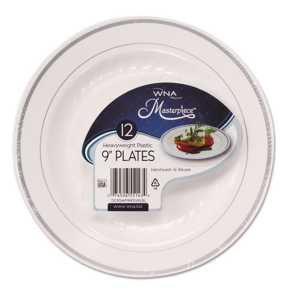 WNA, INC. RSM91210WS Masterpiece Plastic Plates, 9" dia, White/Silver, 10/Pack, 12 Packs/Carton