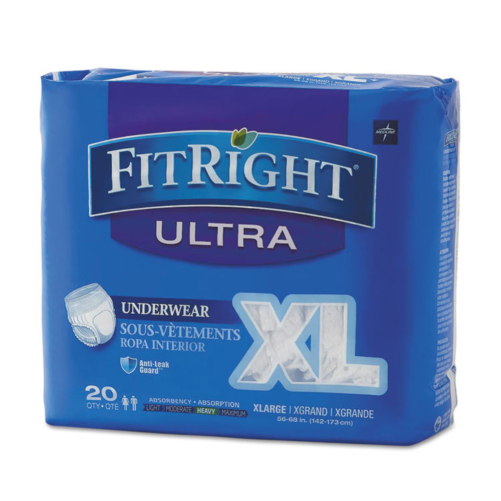 MEDLINE INDUSTRIES, INC. FIT23600A FitRight Ultra Protective Underwear, X-Large, 56" to 68" Waist, 20/Pack