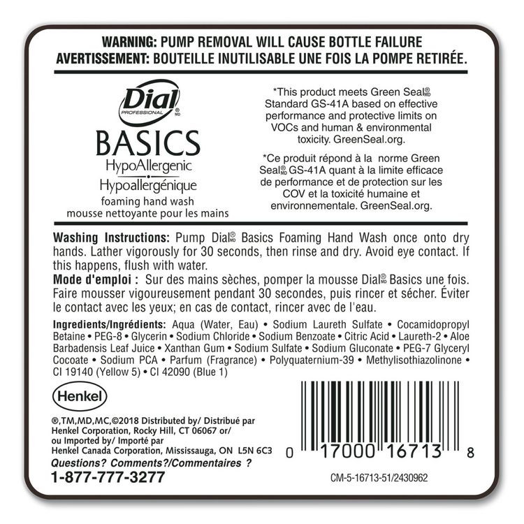 DIAL PROFESSIONAL 16714EA Basics Hypoallergenic Foaming Hand Wash Refill for FIT Manual Dispenser, Honeysuckle Scent, 1.2 L