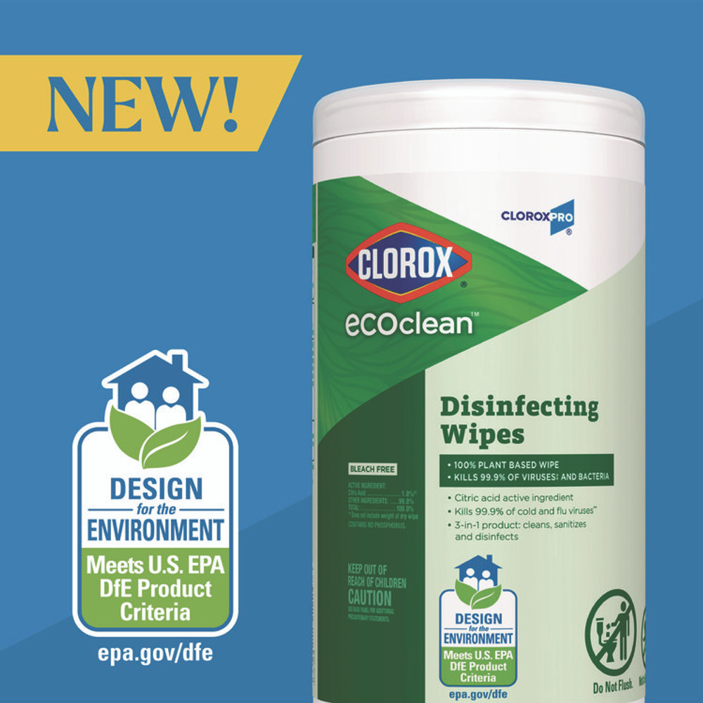 CLOROX SALES CO. 60605CT EcoClean Disinfecting Wipes, 1-Ply, 8 x 7, Unscented, White, 6/Carton