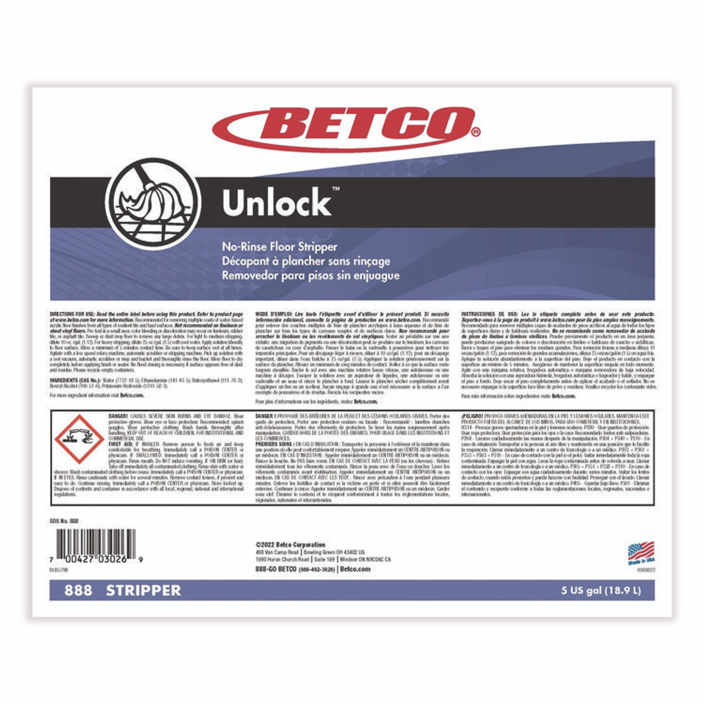 BETCO CORPORATION 888B500 Unlock Floor Stripper, 5 gal Pail
