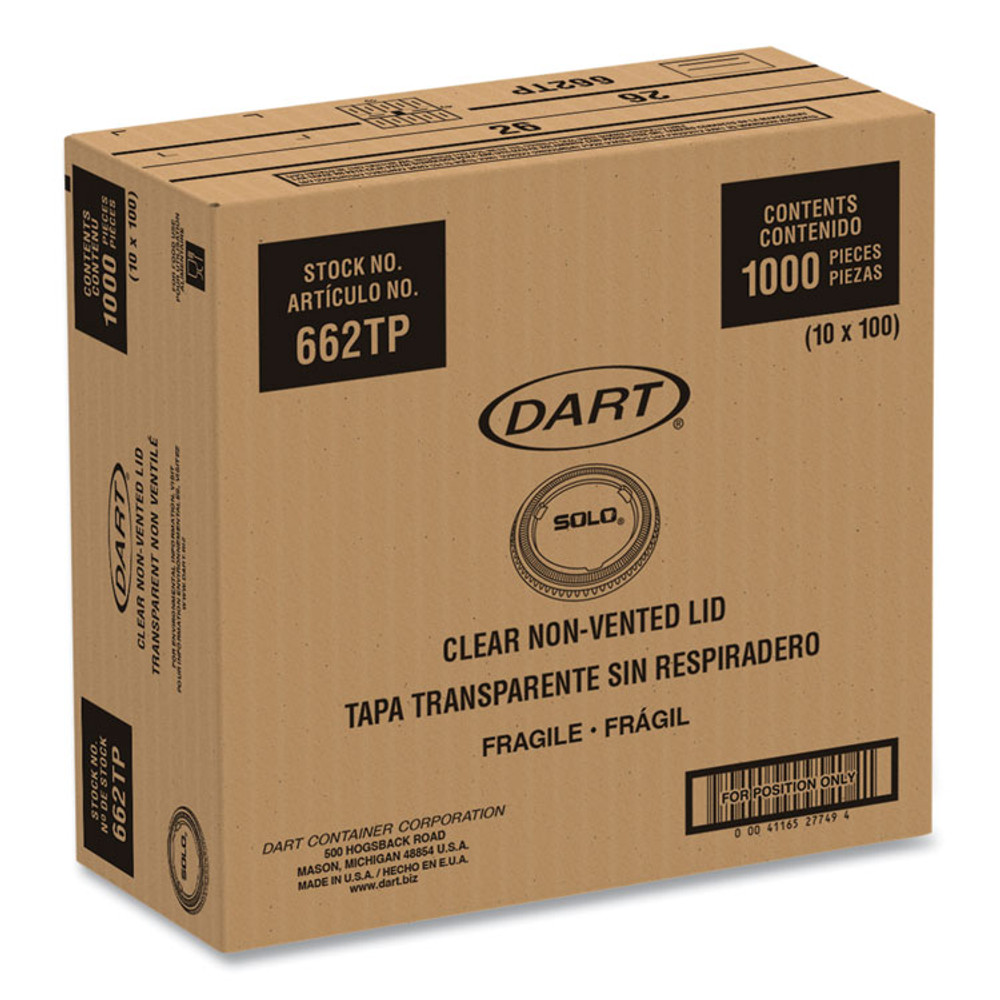 DART SOLO® 662TP Non-Vented Cup Lids, Fits 9 oz to 22 oz Cold Cups, Plastic, Clear, 1,000/Carton