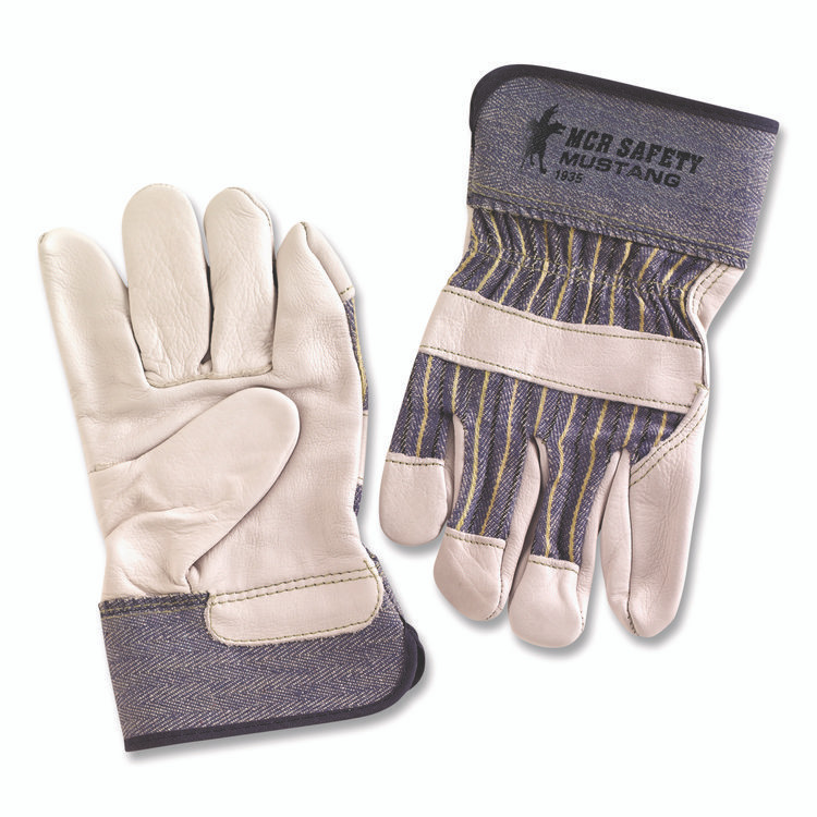 MCR SAFETY 1935XL Mustang Leather Palm Gloves, Gunn Cut, Wing Thumb, X-Large, Blue/Cream, 12 Pairs