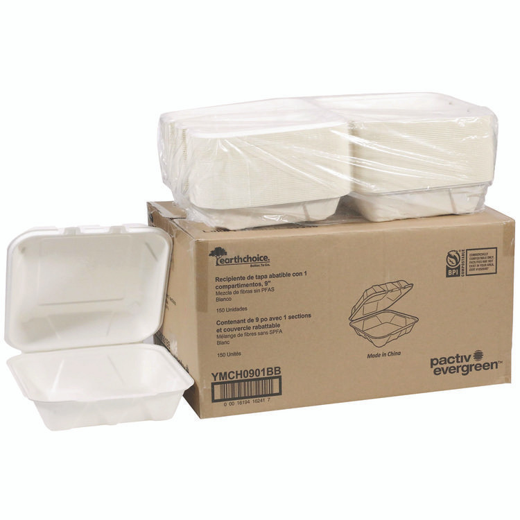 PACTIV EVERGREEN CORPORATION YMCH0901BB EarthChoice PFAS Free Compostable Hinged Lid Container, 9 x 9 x 3.5, White, Sugarcane, 150/Carton