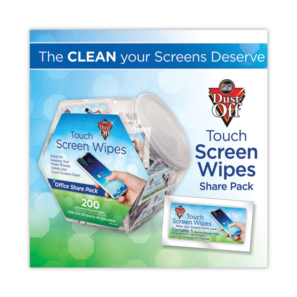 FALCON SAFETY Dust-Off® DMHJ Touch Screen Wipes, 5 x 6, Citrus, 200 Individual Foil Packets in an Easy Grab Jar