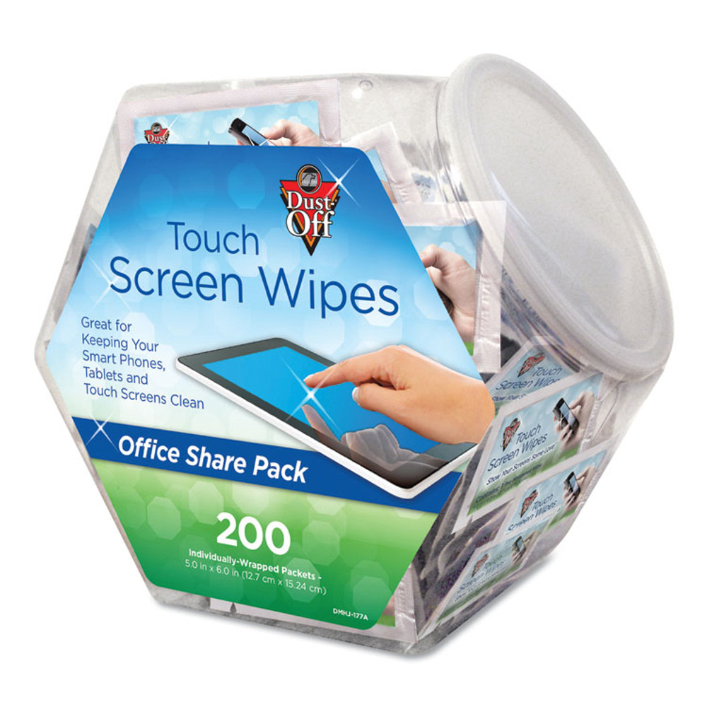 FALCON SAFETY Dust-Off® DMHJ Touch Screen Wipes, 5 x 6, Citrus, 200 Individual Foil Packets in an Easy Grab Jar