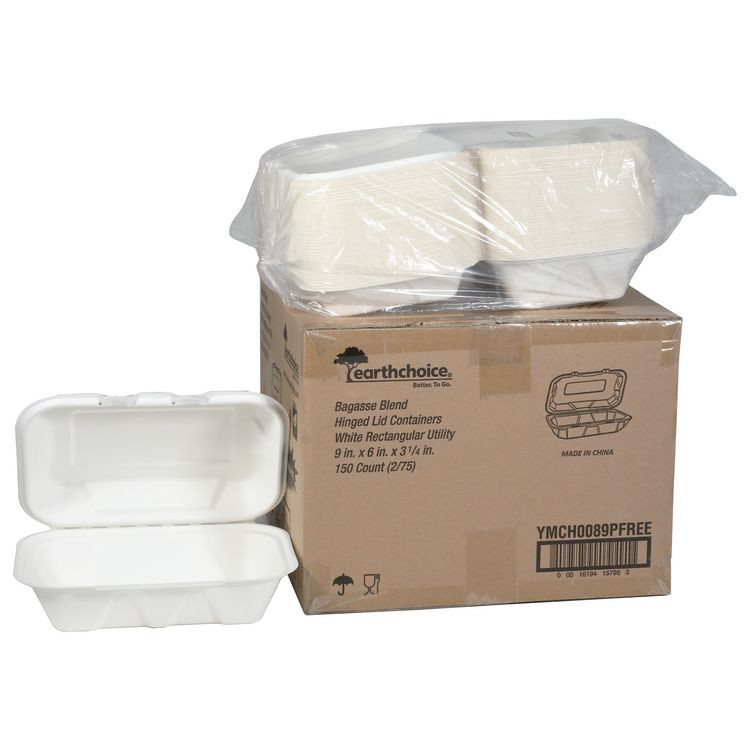 PACTIV EVERGREEN CORPORATION YMCH0089PFFR EarthChoice PFAS Free Compostable Hinged Lid Container, 9 x 6 x 3, Natural, Sugarcane, 150/Carton