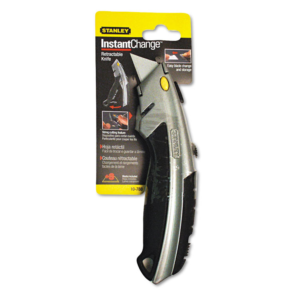 STANLEY BOSTITCH 10788 Curved Quick-Change Utility Knife, Stainless Steel Retractable Blade, 3 Blades, 6.63" Metal Handle, Black/Chrome