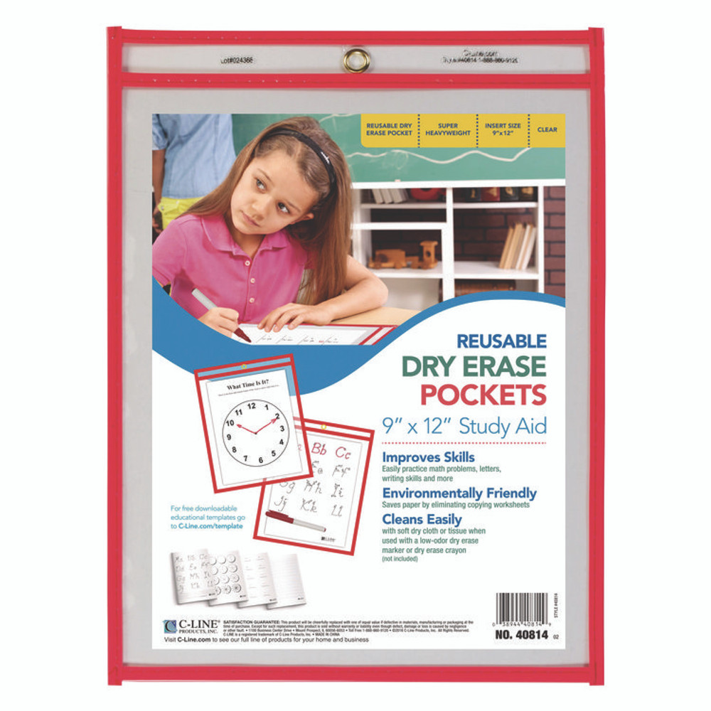 C-LINE PRODUCTS, INC 40814 Reusable Dry Erase Pockets, Super Heavy-Duty, Top Load 9 x 12 Insert, Clear Front, Neon Red Border, 30/Pack