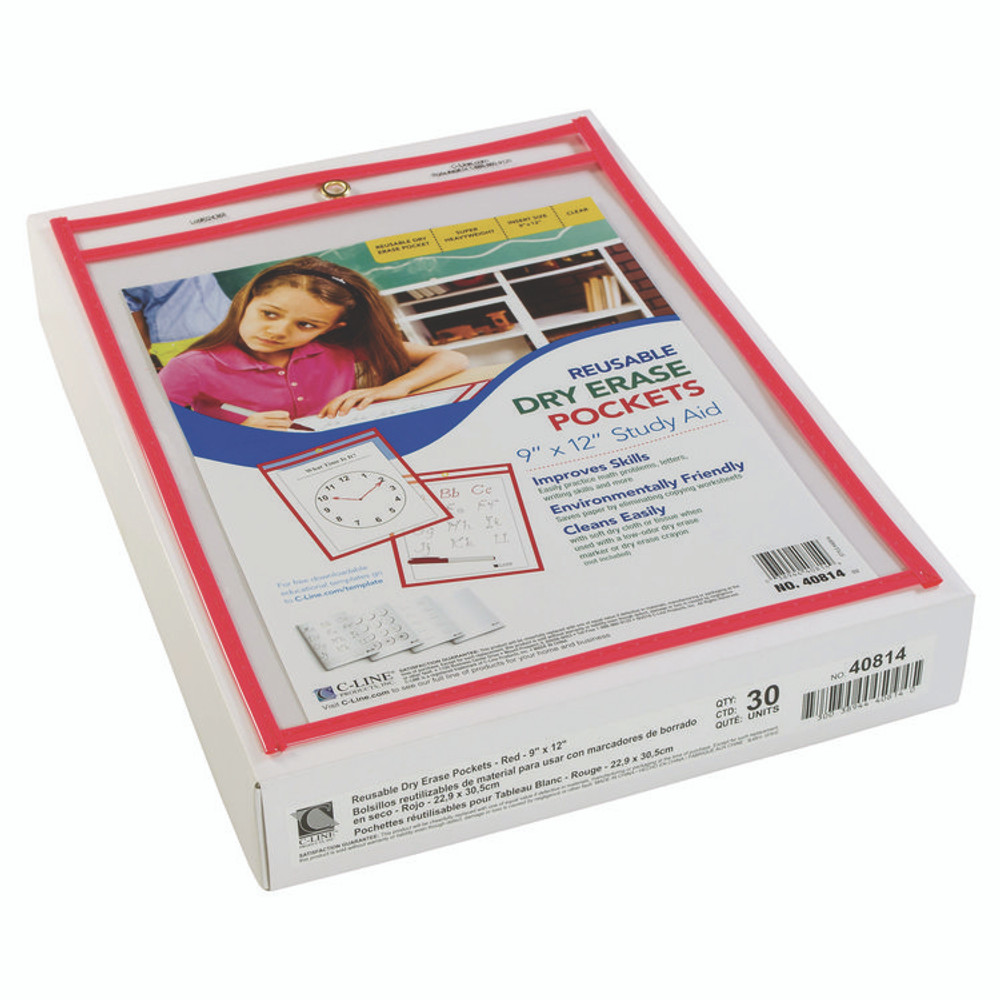 C-LINE PRODUCTS, INC 40814 Reusable Dry Erase Pockets, Super Heavy-Duty, Top Load 9 x 12 Insert, Clear Front, Neon Red Border, 30/Pack