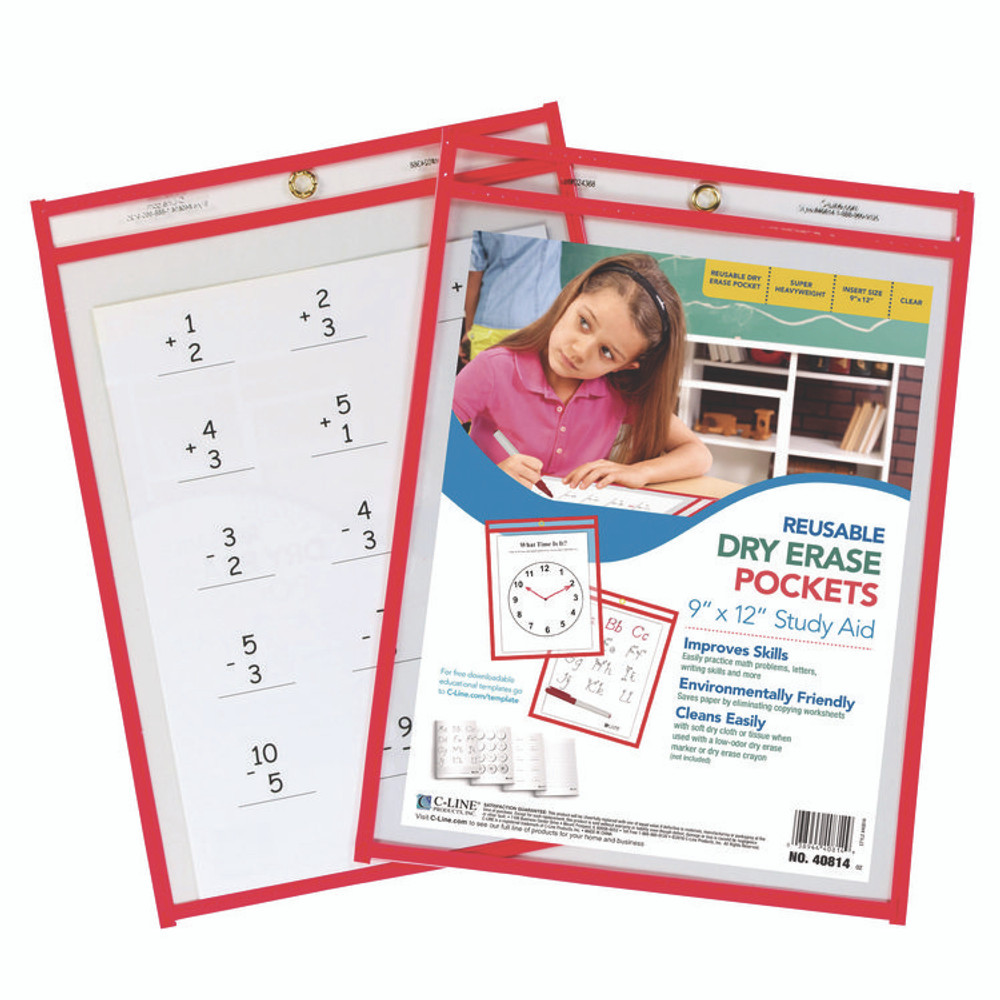 C-LINE PRODUCTS, INC 40814 Reusable Dry Erase Pockets, Super Heavy-Duty, Top Load 9 x 12 Insert, Clear Front, Neon Red Border, 30/Pack