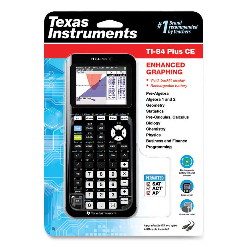 TEXAS INSTRUMENTS TI84PLUSCE TI-84 Plus CE Programmable Color Graphing Calculator, 10-Digit LCD, Black