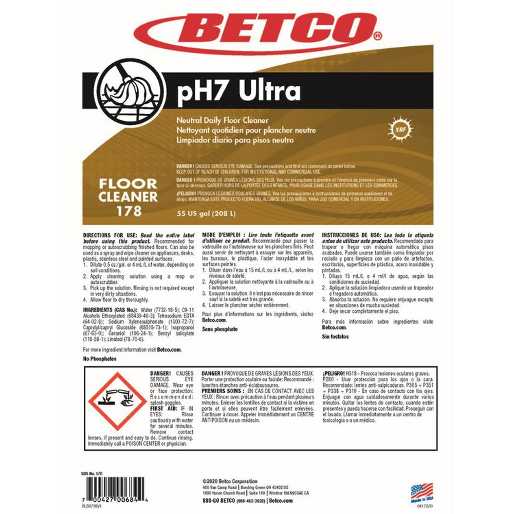 BETCO CORPORATION 1785500 pH7 Ultra Floor Cleaner, Lemon Scent, 55 gal Drum