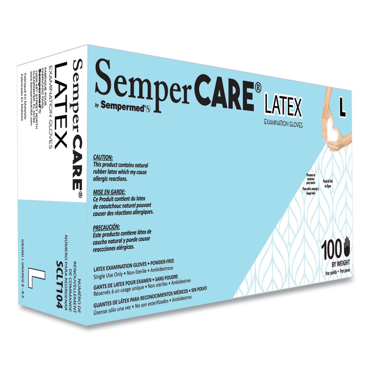 SEMPERMED USA, INC. SemperCare® SCLT104BX Latex Examination Gloves, Powder-Free, Large, 5 mil Thick, 9.45" Long, Cream, 100/Box