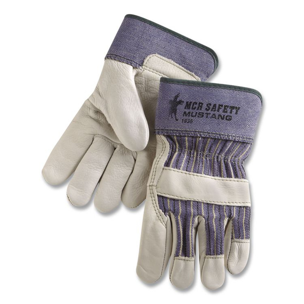 MCR SAFETY 1935L Mustang Leather Palm Gloves, Gunn Cut, Wing Thumb, Large, Blue/Cream, 12 Pairs