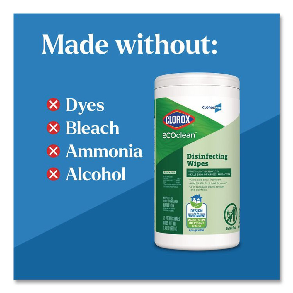 CLOROX SALES CO. 60605EA CloroxPro EcoClean Disinfecting Wipes, 1-Ply, 8 x 7, Unscented, White, 75 Count
