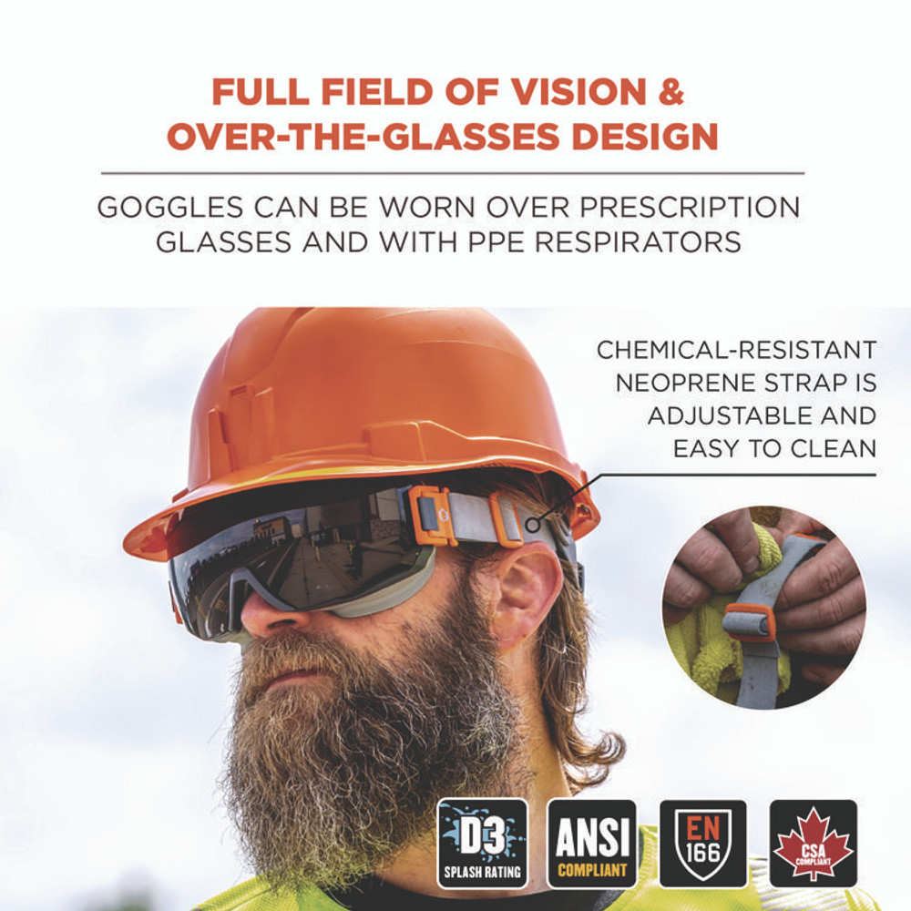 TENACIOUS HOLDINGS, INC. ergodyne® 60303 Skullerz MODI OTG Anti-Scratch and Enhanced Anti-Fog Safety Goggles with Neoprene Strap, Smoke Lens