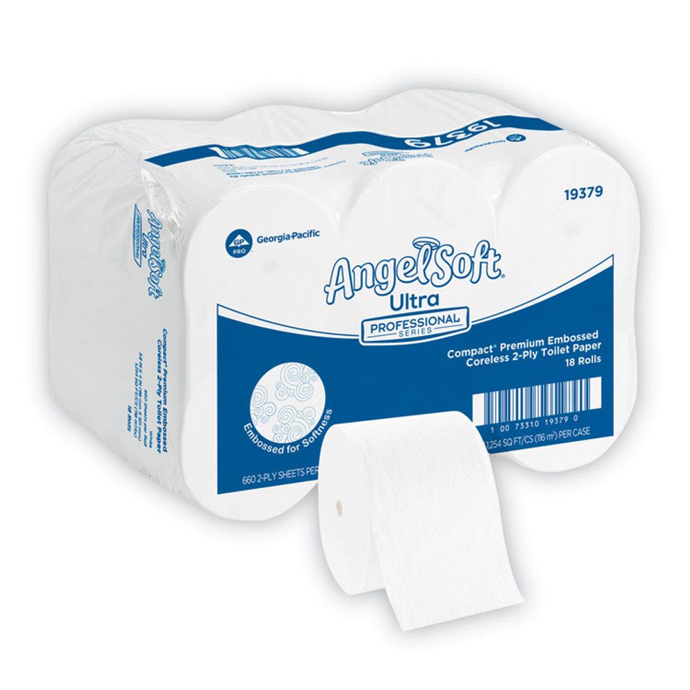 GEORGIA PACIFIC Professional 19379 Angel Soft ps Compact Coreless Premium Bathroom Tissue, 2-Ply, White, 660 Sheets/Roll, 18 Rolls/Carton