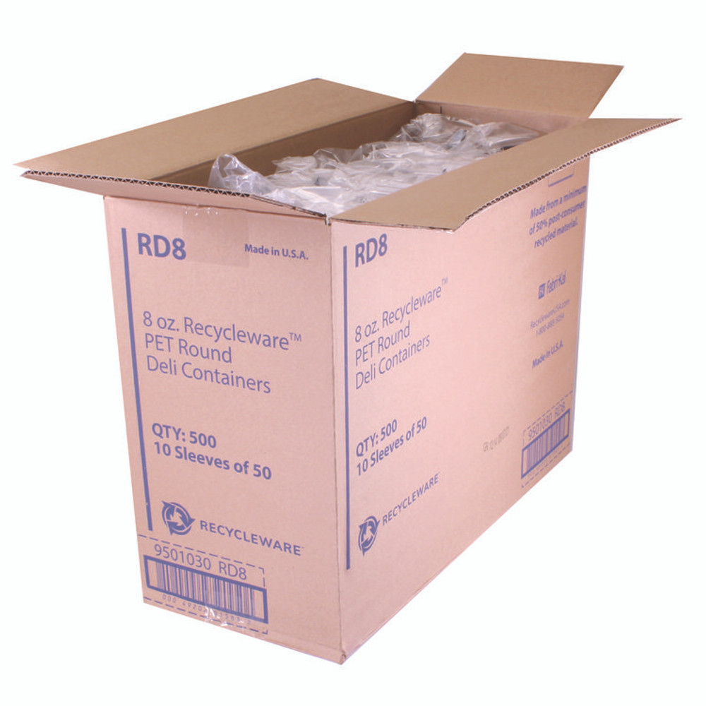 FABRI-KAL RD8 Recycleware Round Deli Container, 8 oz, 4.6" Diameter x 1.7" h, Clear, Plastic, 500/Carton