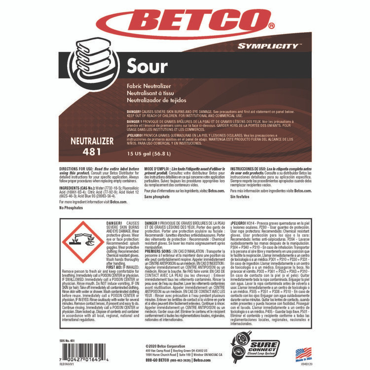 BETCO CORPORATION 4817700 Symplicity Sour Fabric Neutralizer, 15 gal Drum